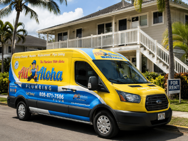 All Aloha Plumbing van at a Maui home for an emergency call